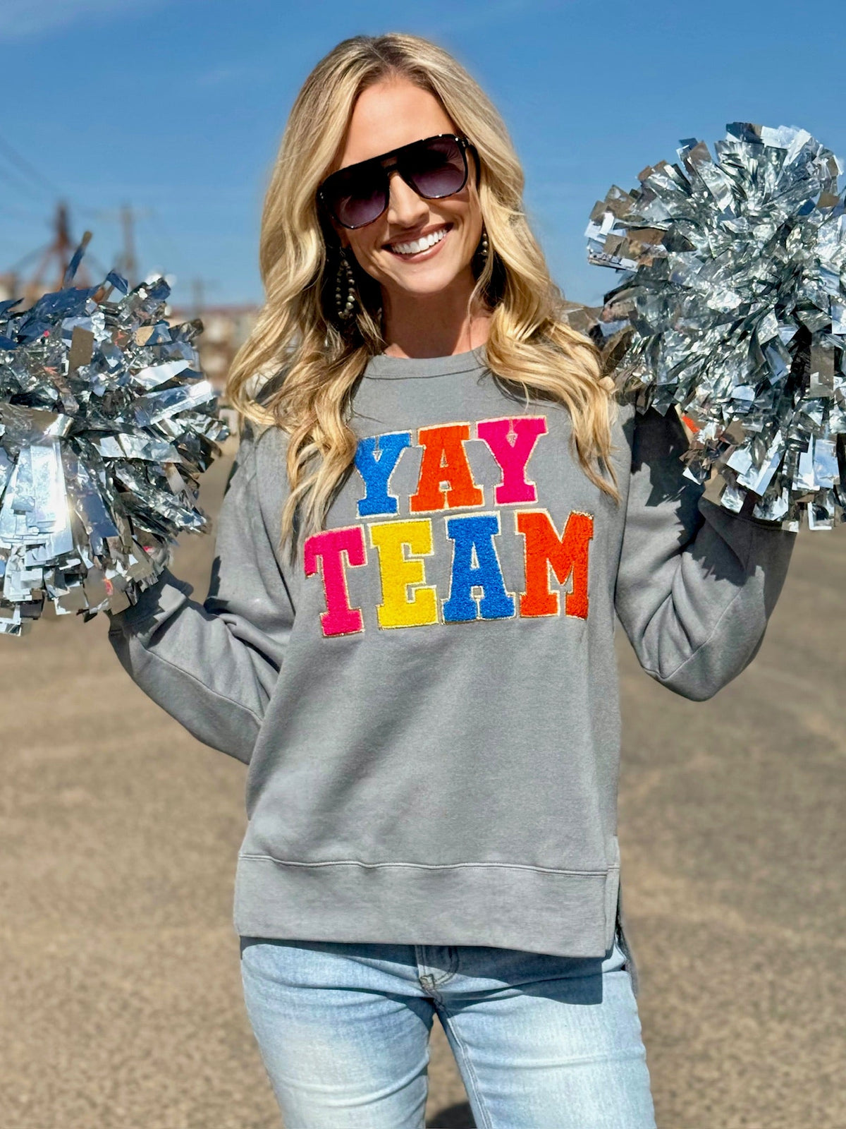 Gray Sync Logic Yay Team chenille applique sweatshirt by Texas True Threads, featuring a soft fabric and team-inspired design.