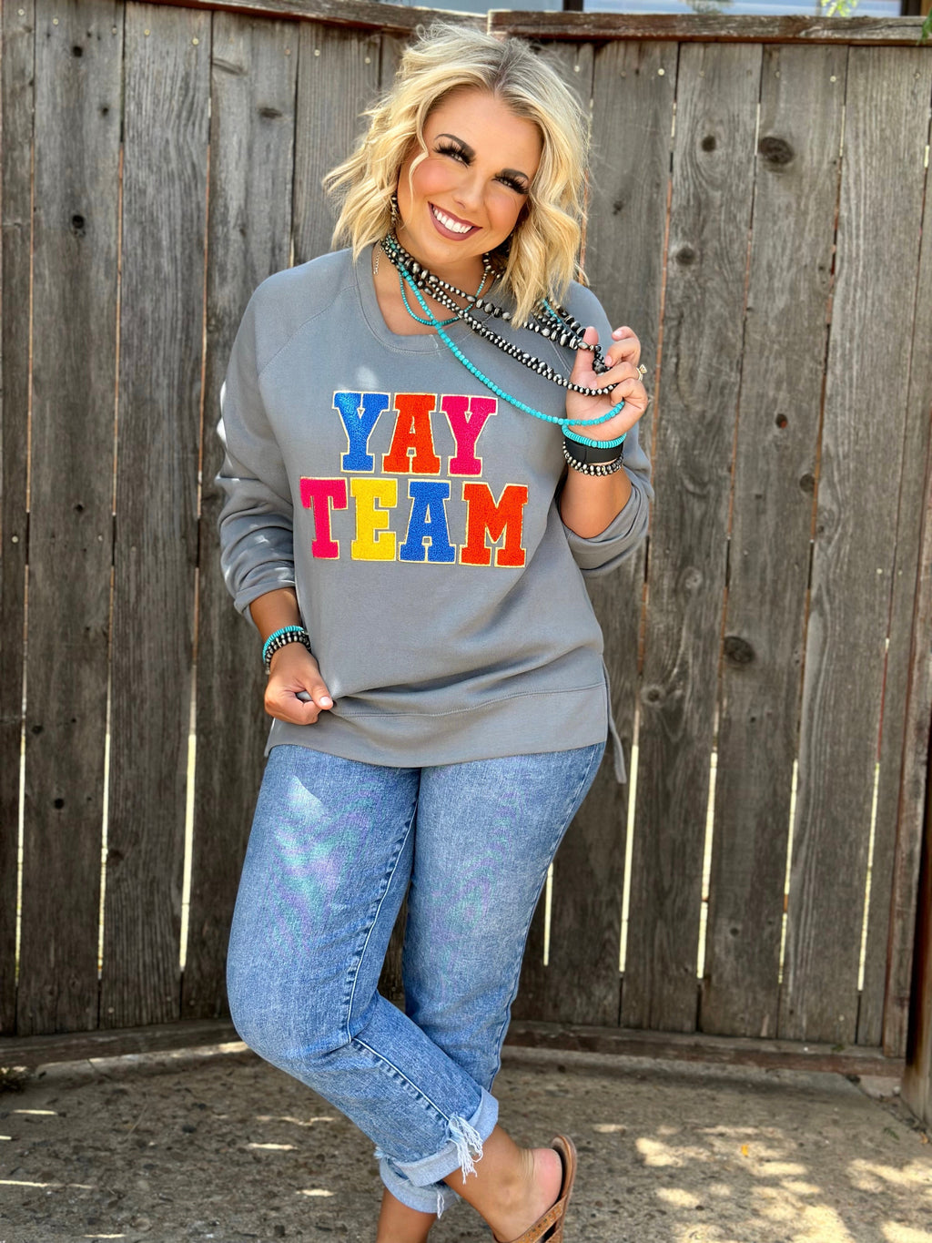 Grey Sync Logic Yay Team chenille applique sweatshirt by Texas True Threads, featuring a comfortable sweater design with team-themed details.
