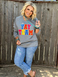 Grey Sync Logic Yay Team chenille applique sweatshirt by Texas True Threads, featuring a comfortable sweater design with team-themed details.