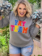 Gray Sync Logic Yay Team chenille applique sweatshirt by Texas True Threads, featuring a comfortable sweater with graphic design.
