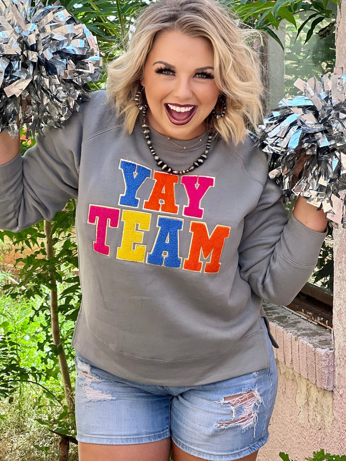 Gray Sync Logic Yay Team chenille applique sweatshirt by Texas True Threads, featuring a comfortable sweater with graphic design.