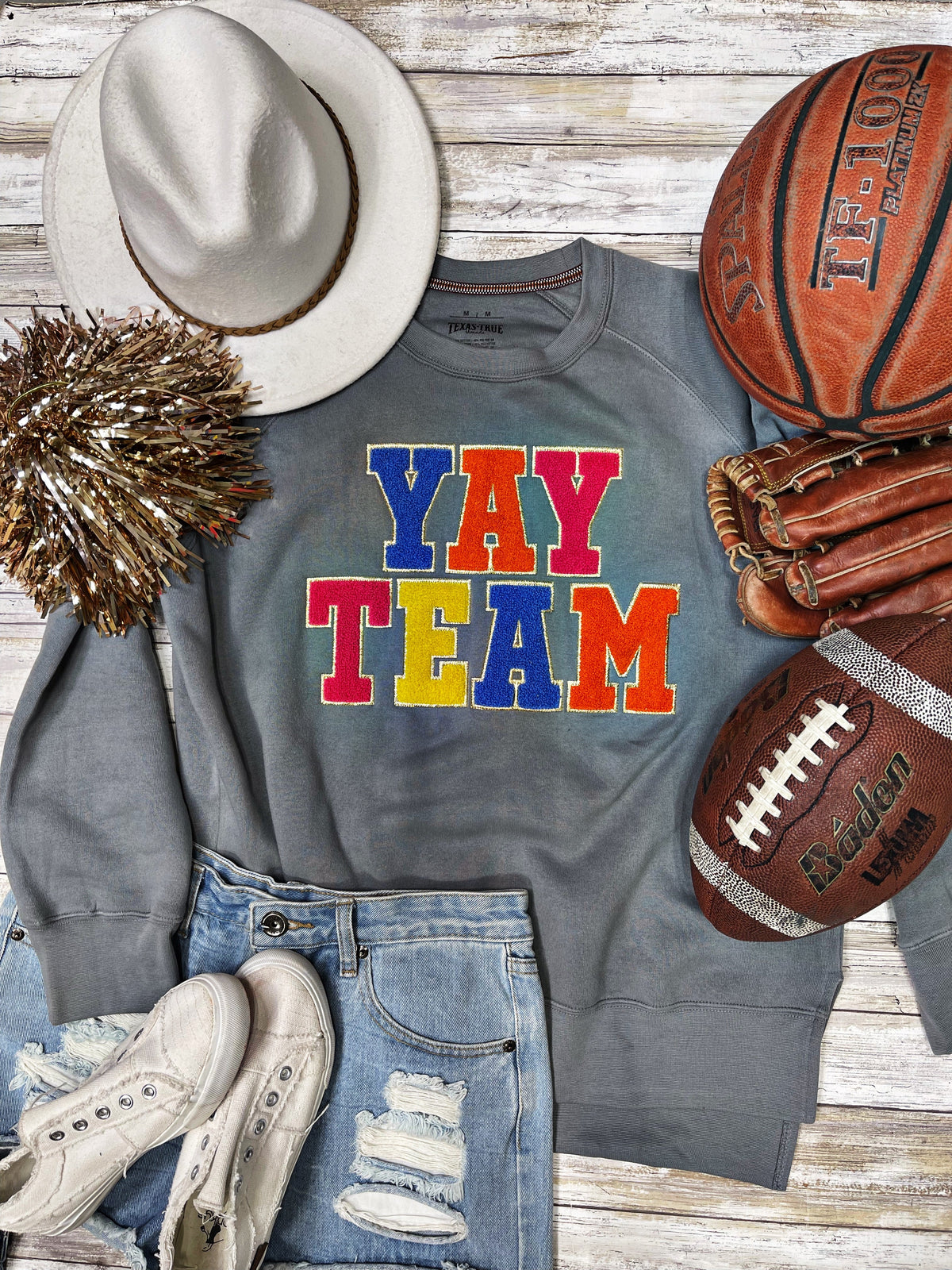 Gray Sync Logic Yay Team chenille applique sweatshirt by Texas True Threads, featuring a soft cotton blend and team-themed design.