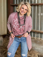 Mauve striped mid-length cardigan by Texas True Threads, soft sweater with horizontal stripe pattern and comfortable fit.