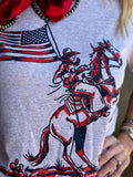 White Patriotic Cowboy Tee by Texas True Threads featuring a patriotic cowboy design on front.