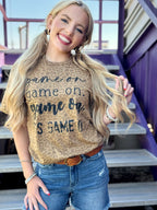 Natural Leopard Tee by Texas True Threads featuring a "Game On." graphic on a soft beige cotton t-shirt.