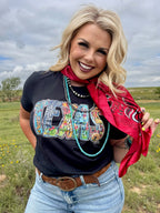 Red Texas True Threads tee featuring Callie Ann Stelter All Things Texas design, showcasing a casual, comfortable T-shirt with Texas-themed graphics.