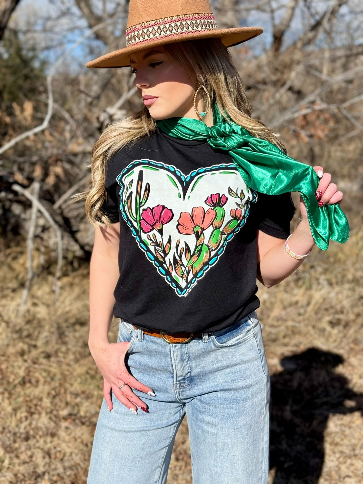 Black Lauren's Western Heart Tee by Texas True Threads, casual crewneck t-shirt with western-inspired heart graphic.