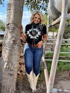 Black Durango Aztec V-neck tee by Texas True Threads, casual short-sleeve t-shirt with Aztec pattern design.