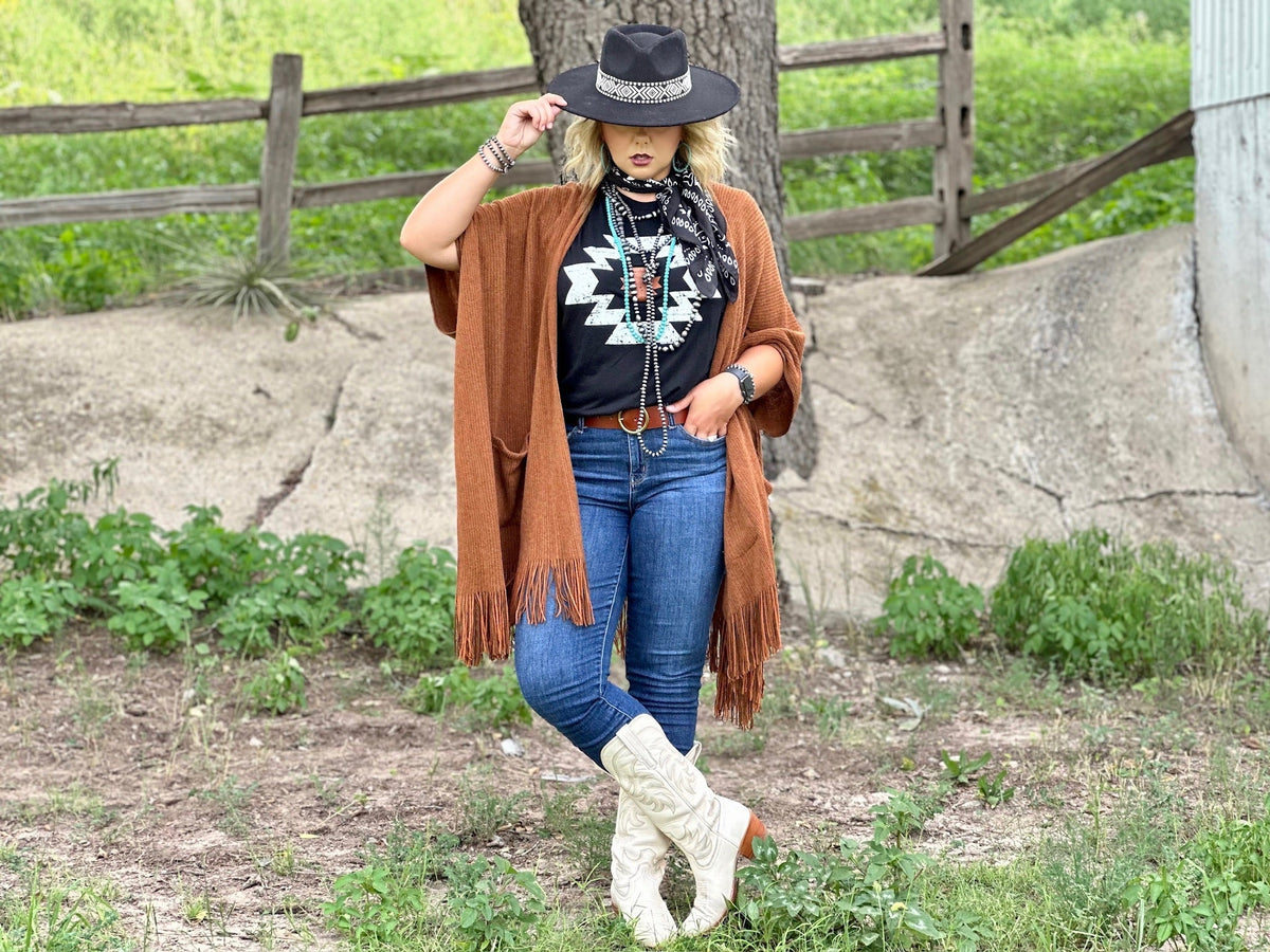 Black Durango Aztec V-neck T-shirt by Texas True Threads, featuring a stylish Aztec pattern and a comfortable fit.