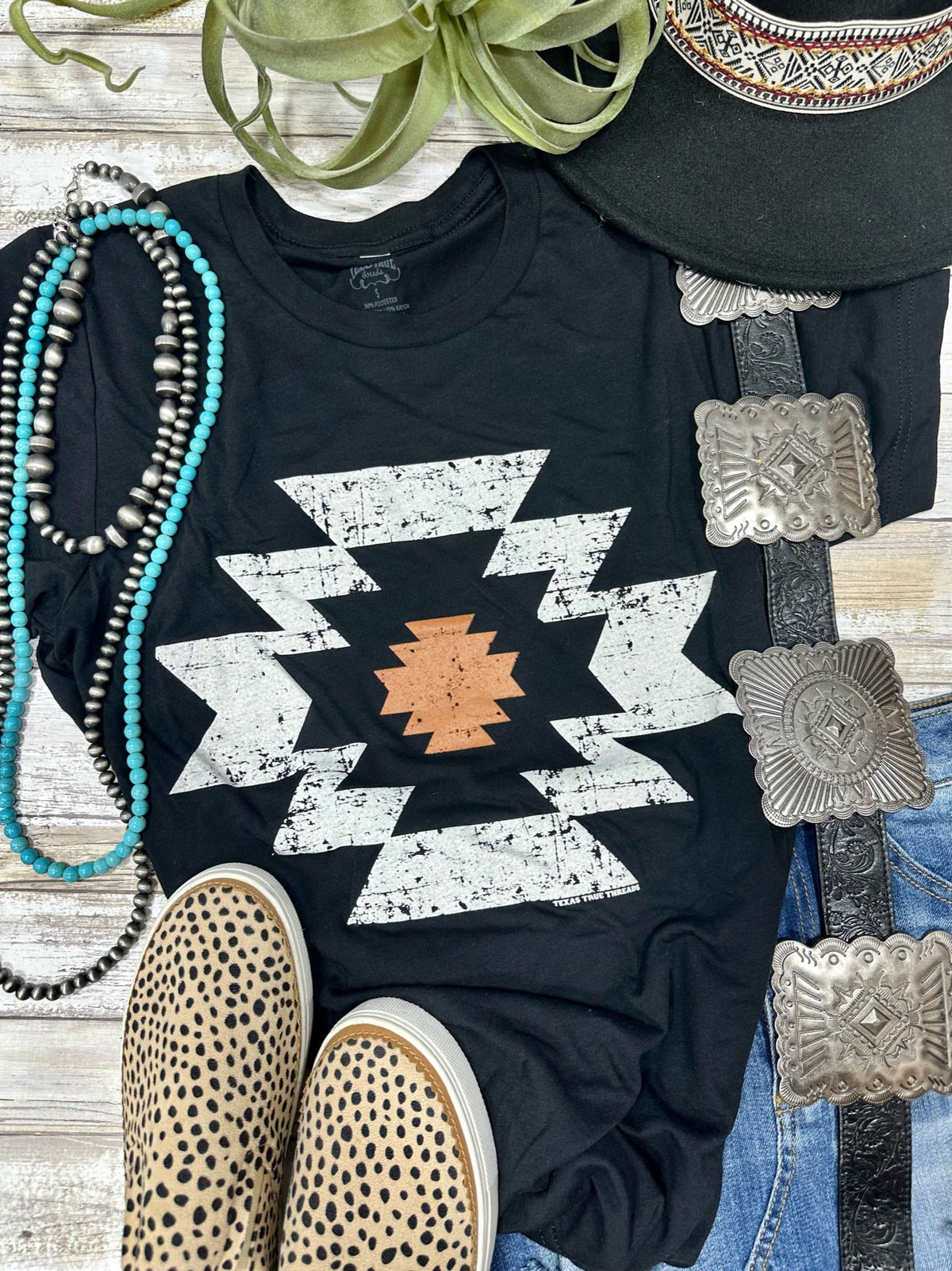 Black Durango Aztec V-neck Tee by Texas True Threads, soft cotton shirt with Aztec pattern design.