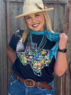 Callie Ann Stelter Texas Icons Tee by Texas True Threads, black XS T-shirt featuring Texas-themed graphic design.