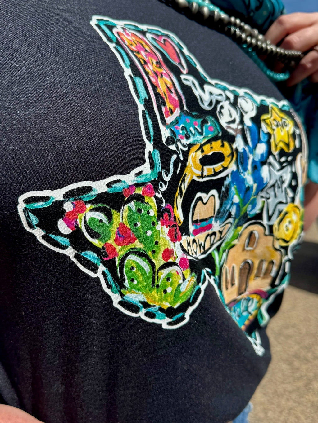 Charcoal black Callie Ann Stelter Texas Icons Tee by Texas True Threads, showcasing a stylish graphic design on front.