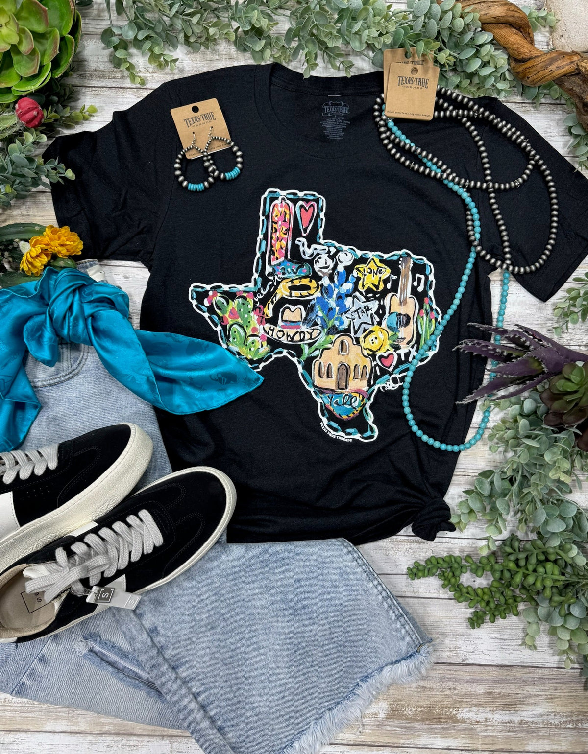 Black Callie Ann Stelter Texas Icons Tee by Texas True Threads, featuring Texas-themed graphic on a casual t-shirt.