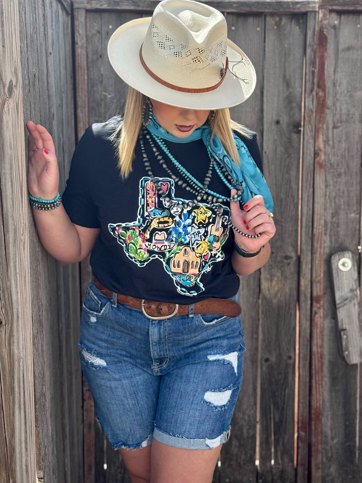 Callie Ann Stelter Texas Icons T-shirt by Texas True Threads, black short sleeve tee with Texas-themed graphic.