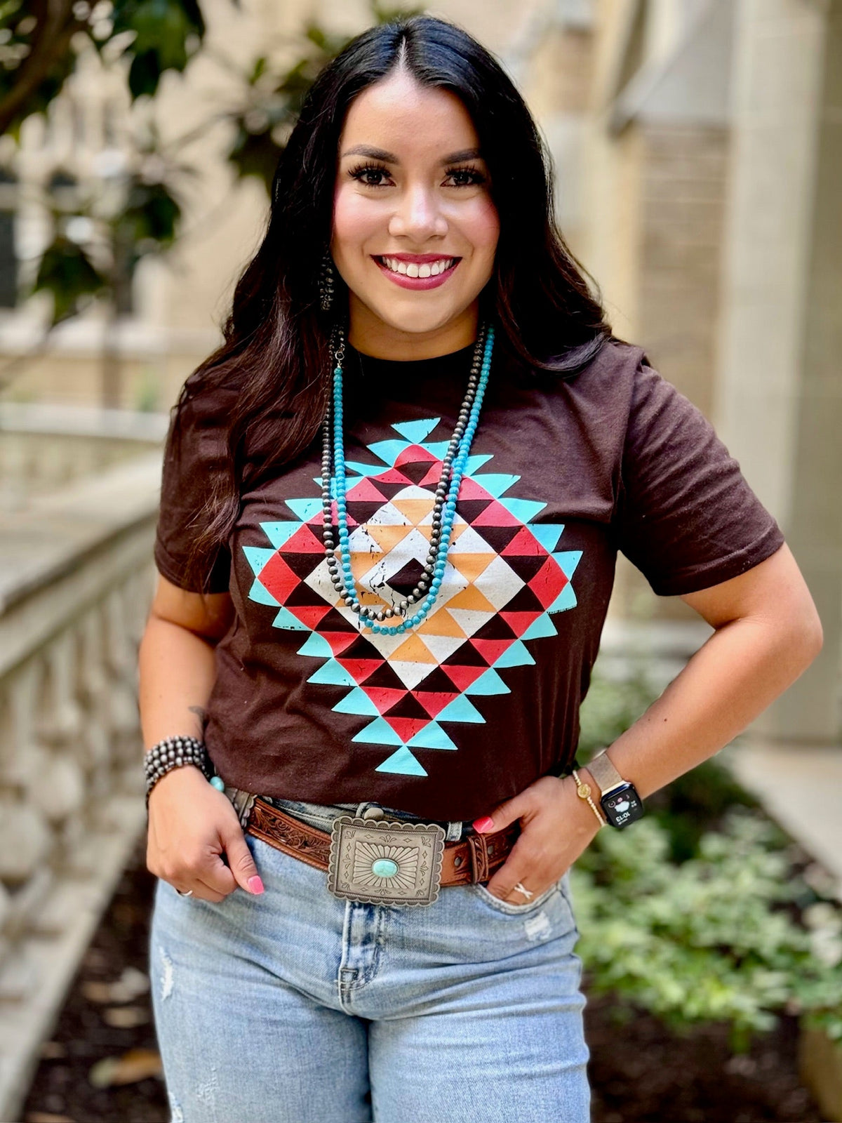 Texas True Threads Ryanne's Fall Aztec Tee in espresso, featuring a stylish Aztec pattern on a cozy, casual tee.