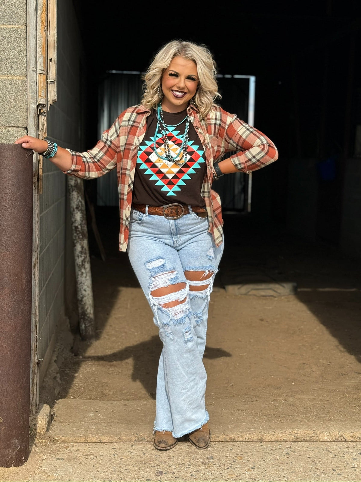 Texas True Threads Ryanne's Fall Aztec Tee in espresso, casual short-sleeve tee with fall-inspired Aztec pattern.