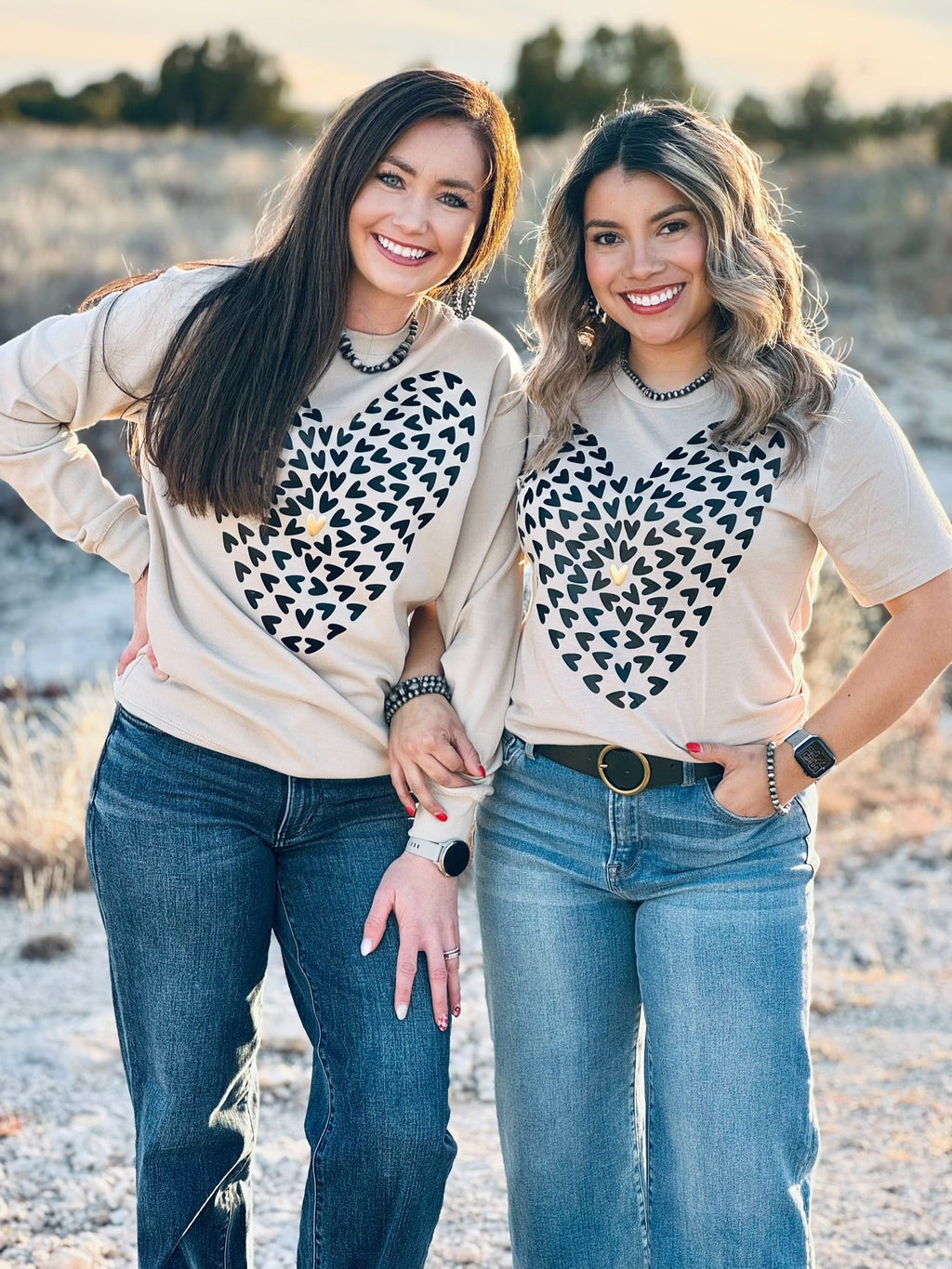 Heather tan Texas True Threads tiny hearts with gold puff tee and sweatshirt, casual and stylish for everyday wear.