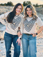Heather tan Texas True Threads tiny hearts with gold puff tee and sweatshirt, casual and stylish for everyday wear.