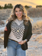 Heather tan Texas True Threads Tiny Hearts with Gold Puff Tee and sweatshirt, casual tee with small heart print and gold puff details.