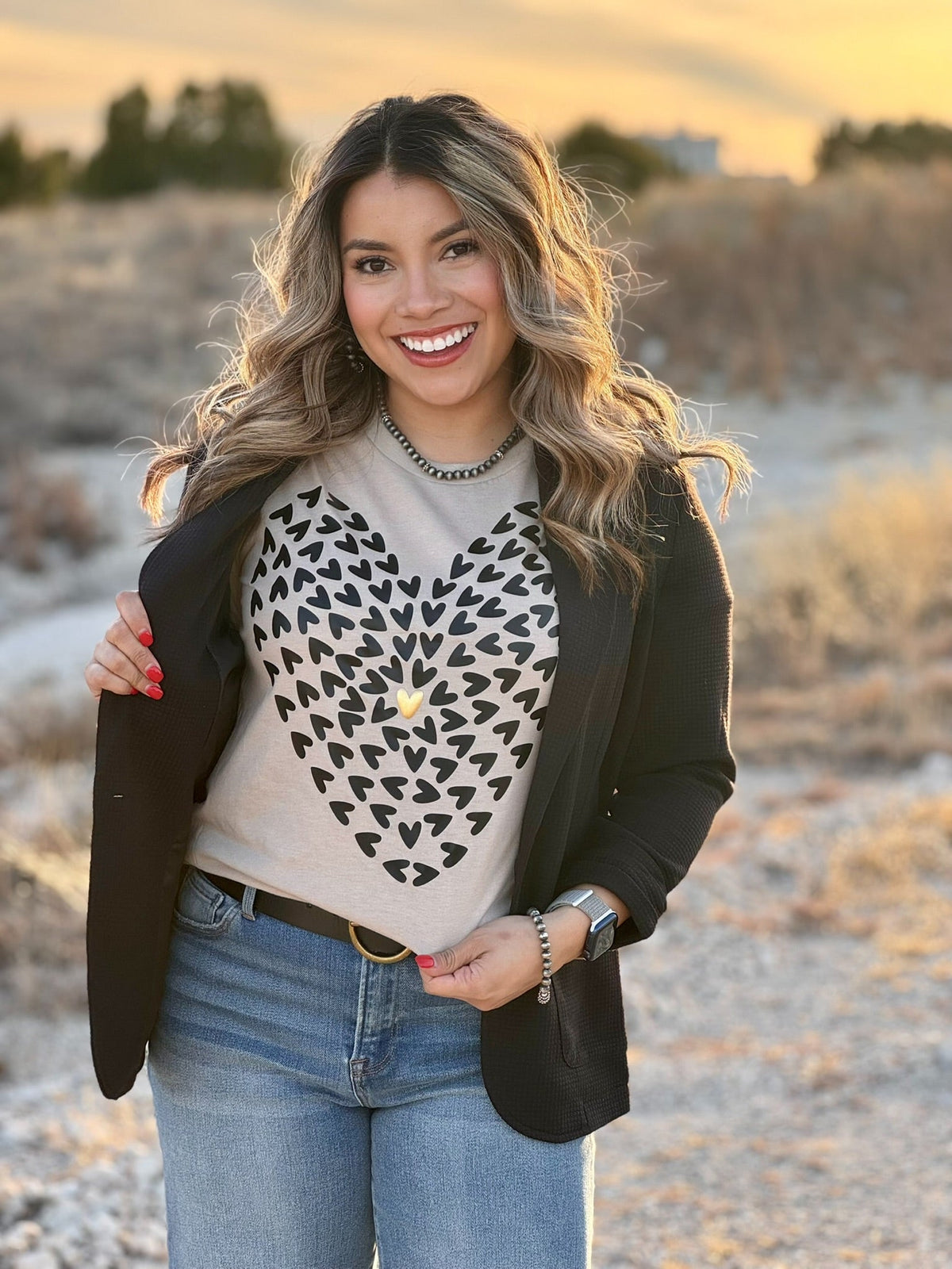 Heather tan Texas True Threads Tiny Hearts with Gold Puff Tee and sweatshirt, casual tee with small heart print and gold puff details.