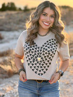 Texas True Threads tiny hearts with gold puff tee and sweatshirt in heather tan, casual knit tops for women.