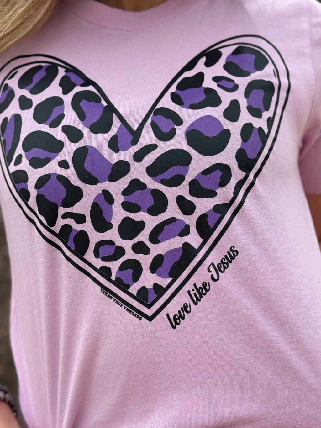 Lilac Love Like Jesus short sleeve tee by Texas True Threads, showcasing a comfortable cotton T-shirt with Christian-inspired design.