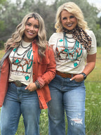 Natural-colored Lauren's Longhorn Tee by Texas True Threads featuring a Longhorn graphic on soft cotton fabric.