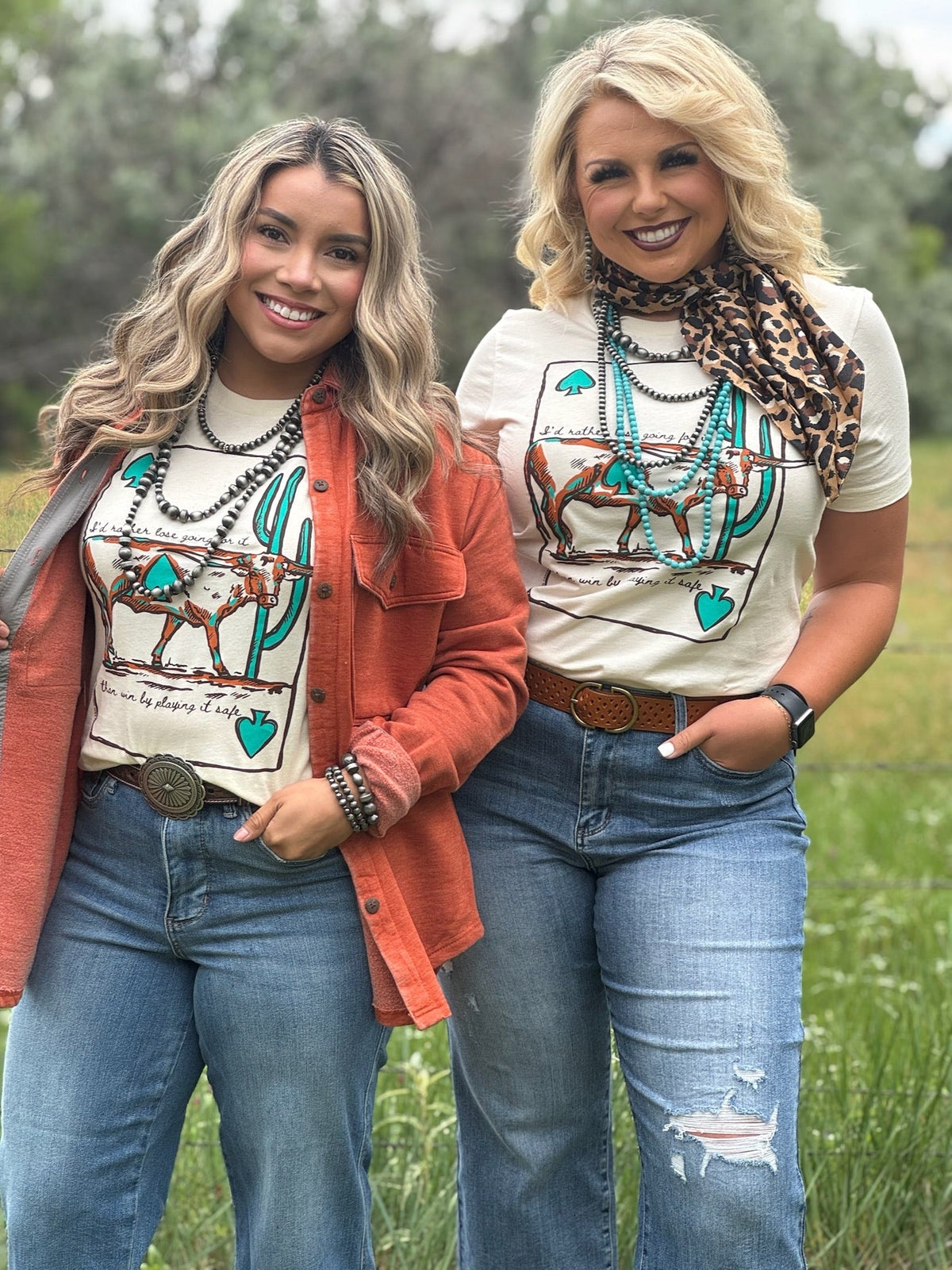 Natural-colored Lauren's Longhorn Tee by Texas True Threads featuring a Longhorn graphic on soft cotton fabric.