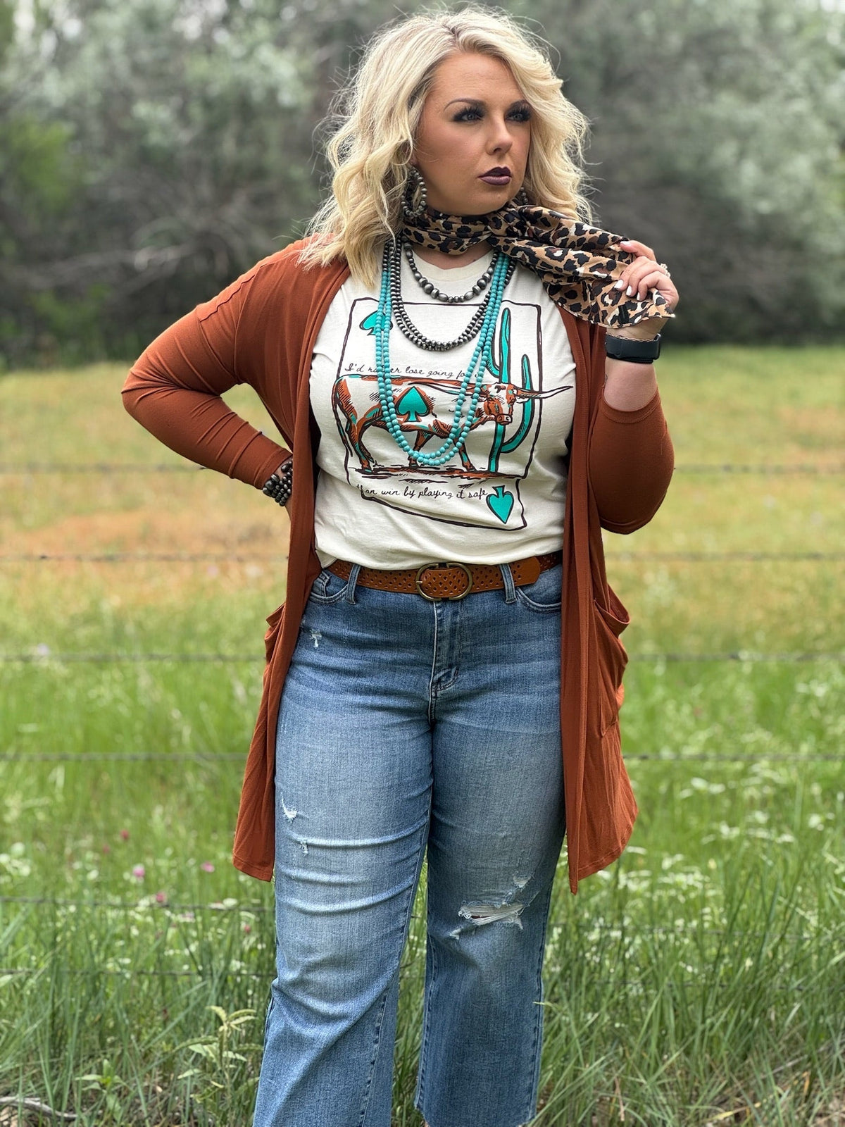 Texas True Threads Lauren's Longhorn Tee in natural color, casual cotton T-shirt with Longhorn graphic and relaxed fit.