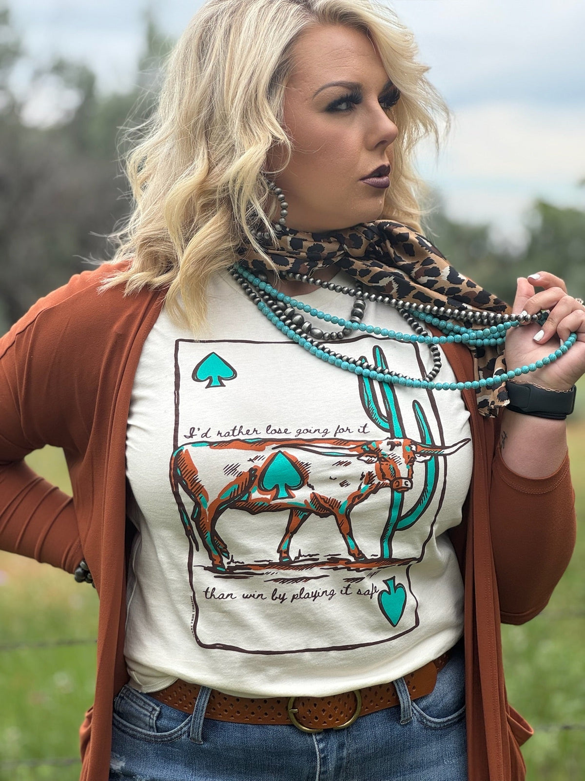 Texas True Threads Lauren's Longhorn Tee, natural cotton short-sleeve T-shirt with longhorn graphic, casual and comfortable style.