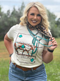 Natural fit Texas True Threads Lauren's Longhorn Tee in XS, featuring a casual natural-colored cotton tee with longhorn graphic.