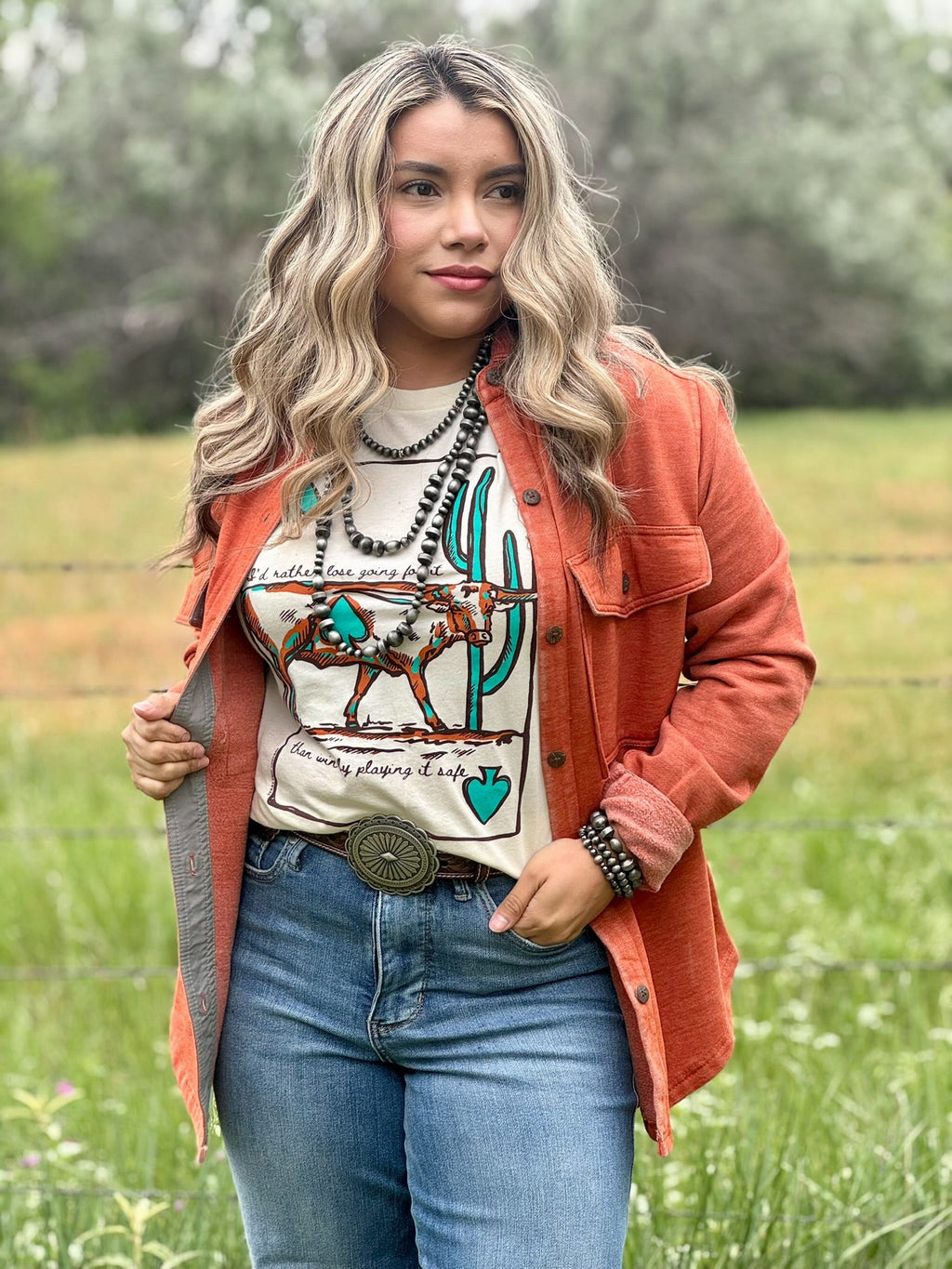 Natural-colored Lauren's Longhorn Tee by Texas True Threads, soft cotton T-shirt with Longhorn graphic, casual style for everyday wear.