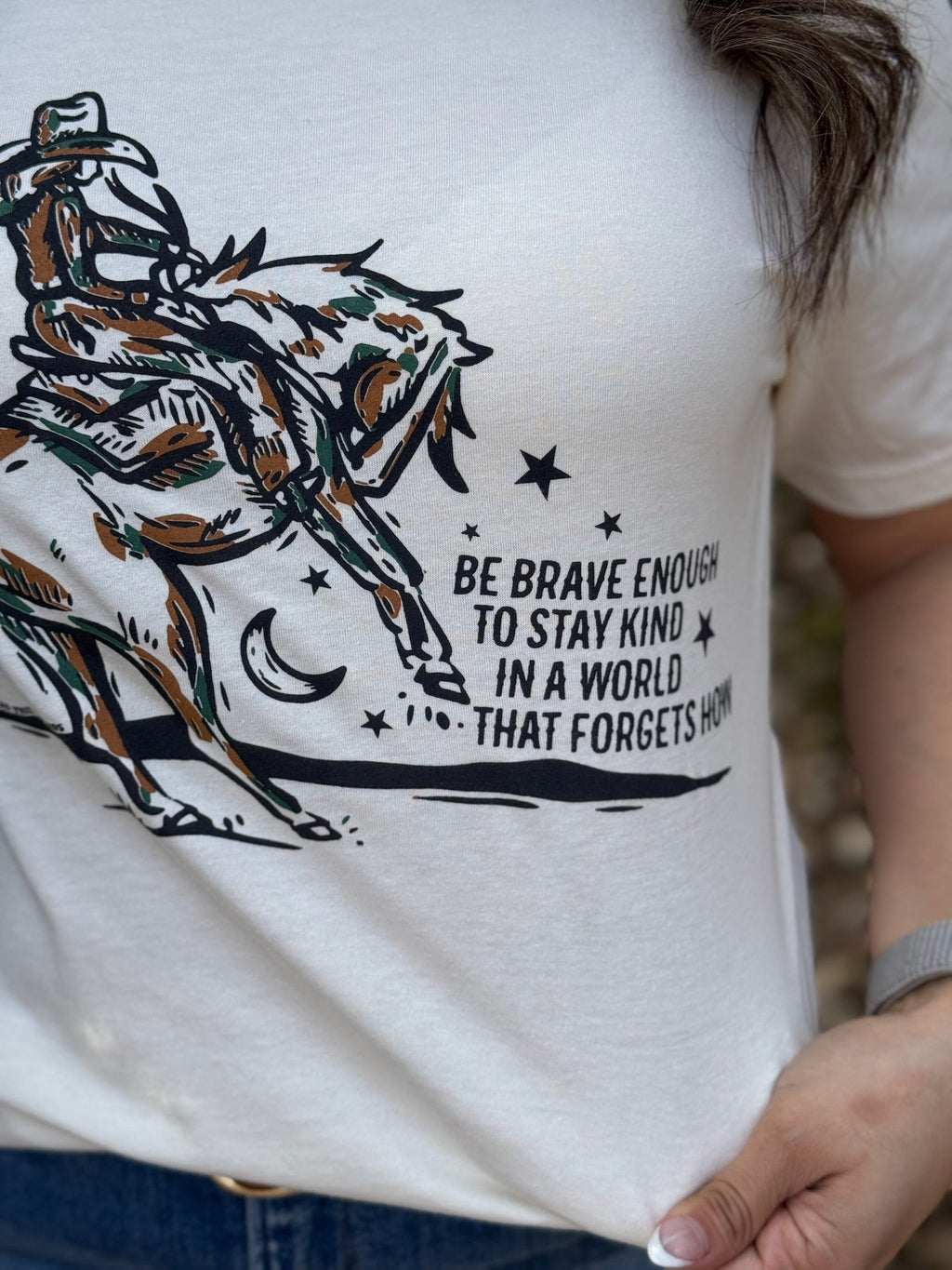 Natural short-sleeve cowgirl tee from Texas True Threads featuring Lauren's Cowgirl design in a natural color.