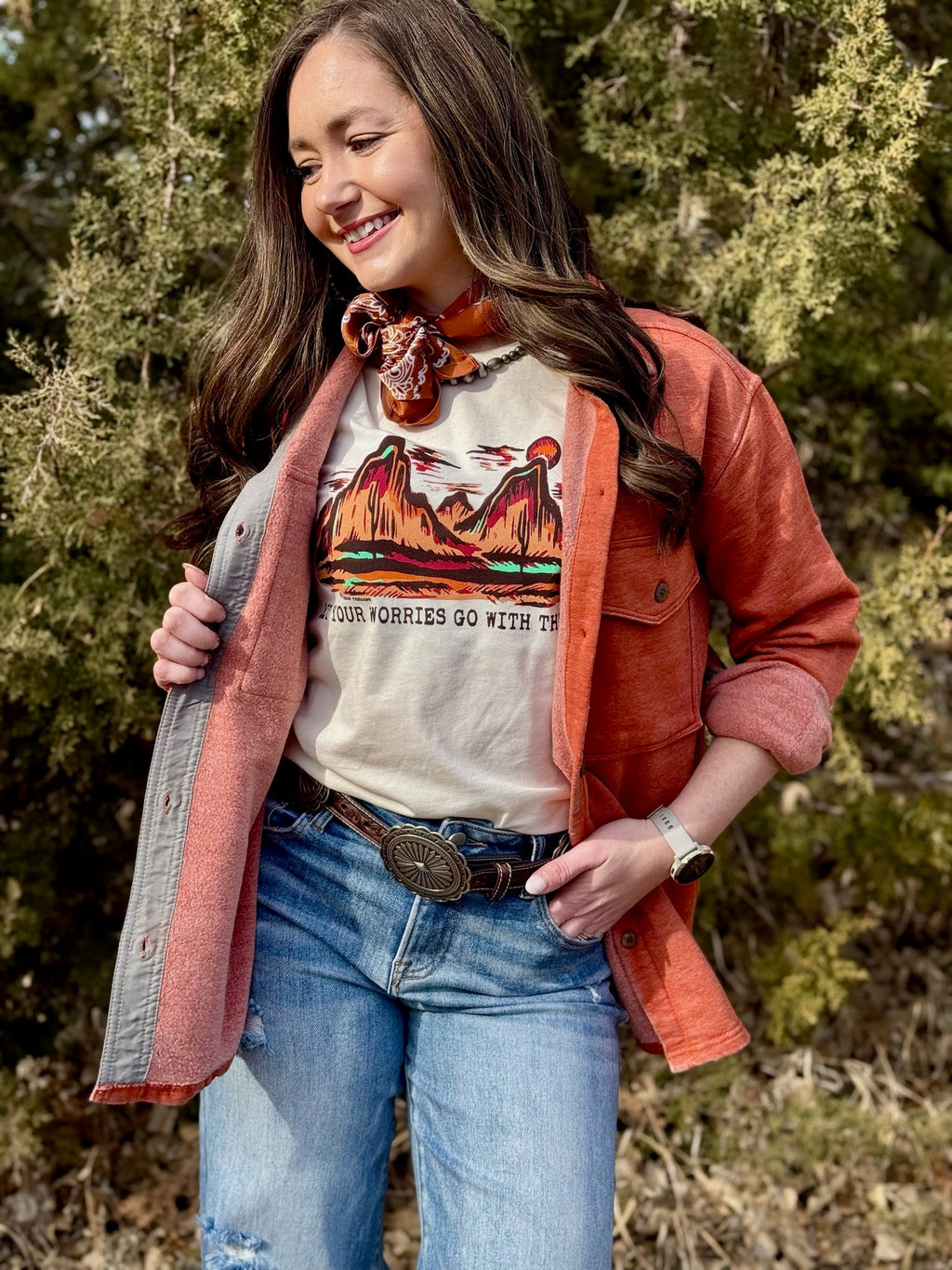 Texas True Threads Lauren's Mesa Sunset Scene Tee, natural short-sleeve cotton T-shirt with a sunset graphic design.