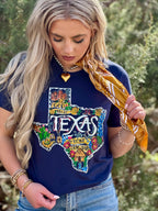 Navy Callie Ann Stelter God Bless Texas Tee from Texas True Threads, featuring a casual fit and Texas-themed design.