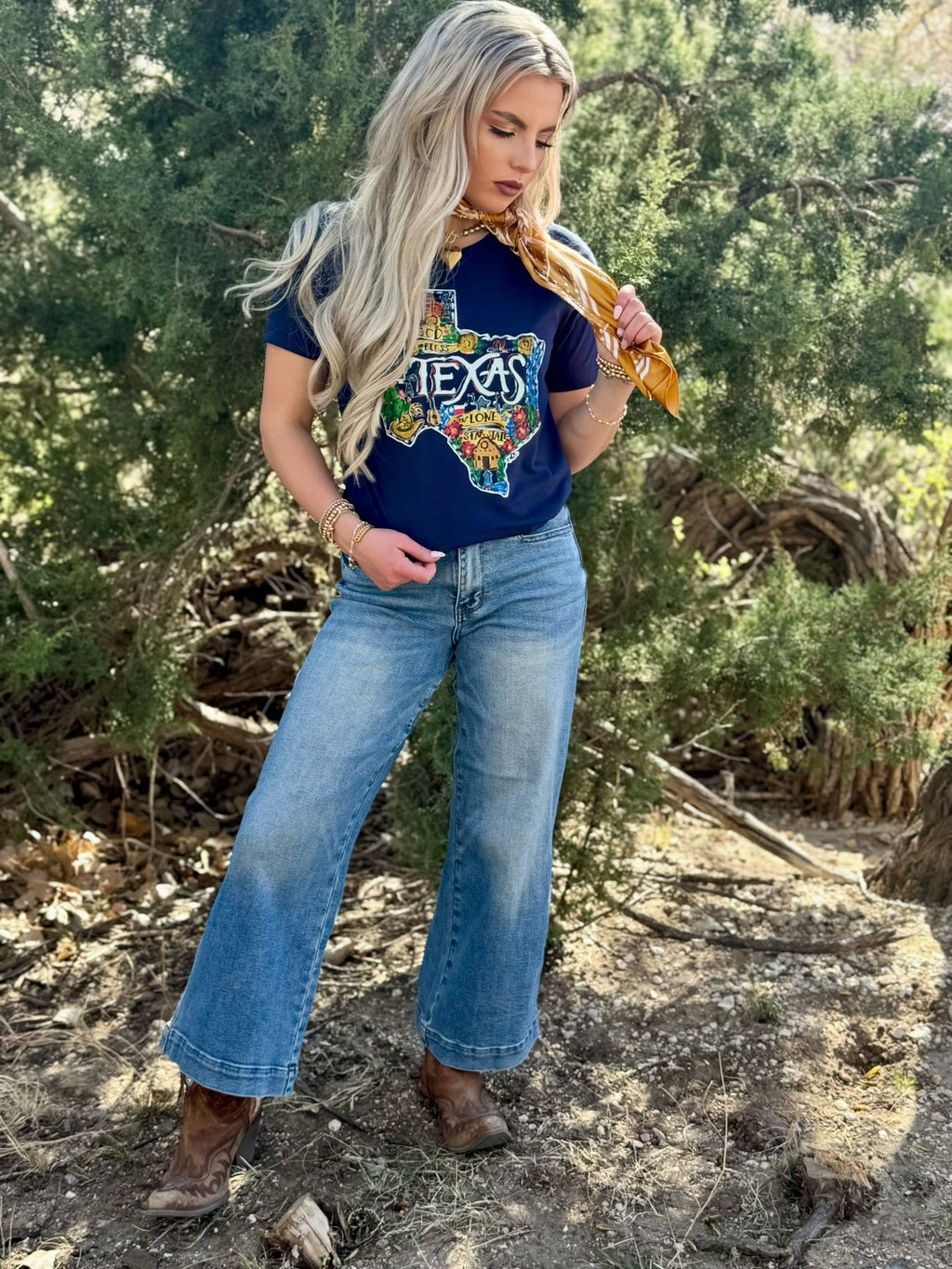 Navy Callie Ann Stelter God Bless Texas T-shirt by Texas True Threads, featuring a casual fit and Texas-themed design.
