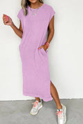 Pink and purple T-shirt dress with side split, round neck, cap sleeves, by Trendsi, casual and comfortable for everyday wear.