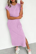 Pink and purple T-shirt dress with round neckline, side slit, cap sleeves, casual style by Trendsi.