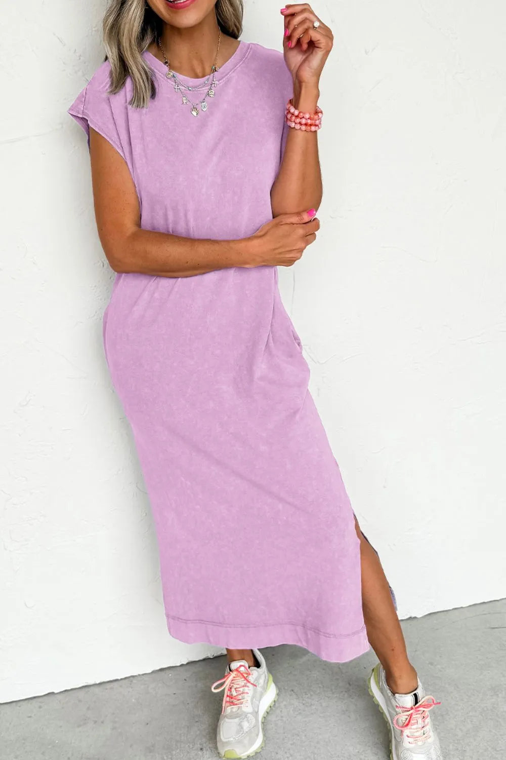 Pink and purple T-shirt dress with round neckline, side slit, cap sleeves, casual style by Trendsi.