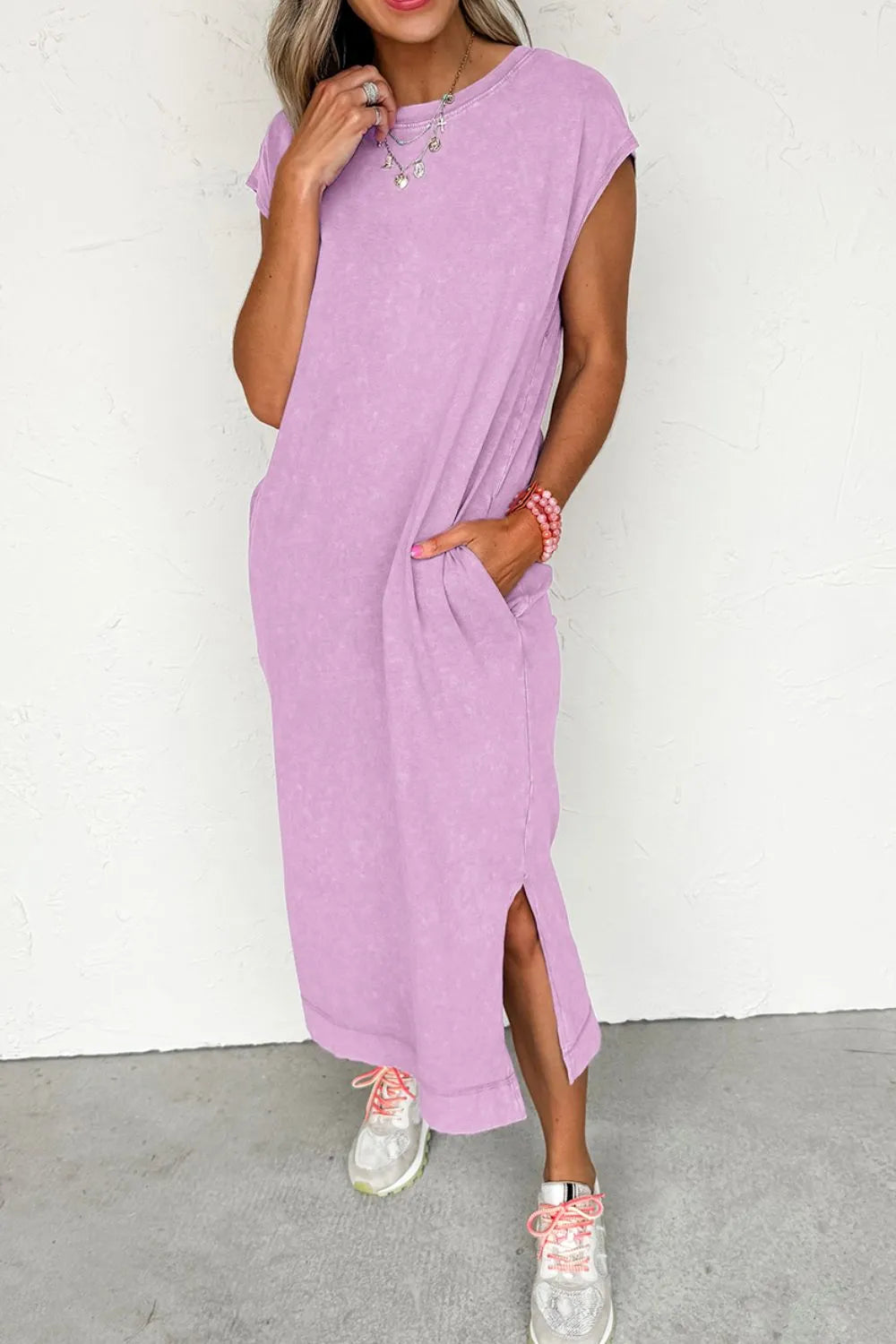 Pink and purple side split round neck cap sleeve T-shirt dress by Trendsi, featuring a casual fit and stylish design.