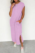 Pink and purple side split round neck cap sleeve T-shirt dress by Trendsi, featuring a casual fit and stylish design.