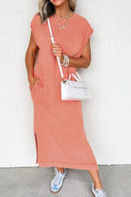 Pink and purple T-shirt dress with a round neck, cap sleeves, and a side split, featuring a casual and stylish design by Trendsi.