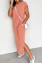 Pink and purple T-shirt dress with side splits, round neck, and cap sleeves by Trendsi, casual and comfortable for everyday wear.