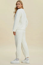 Beige Trendsi Double Take full-size textured round neck long sleeve top and matching pants set, casual and comfortable outfit.