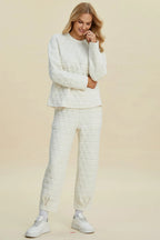 Beige Trendsi Double Take full-size textured round neck long sleeve top and matching pants set, casual and comfortable outfit.