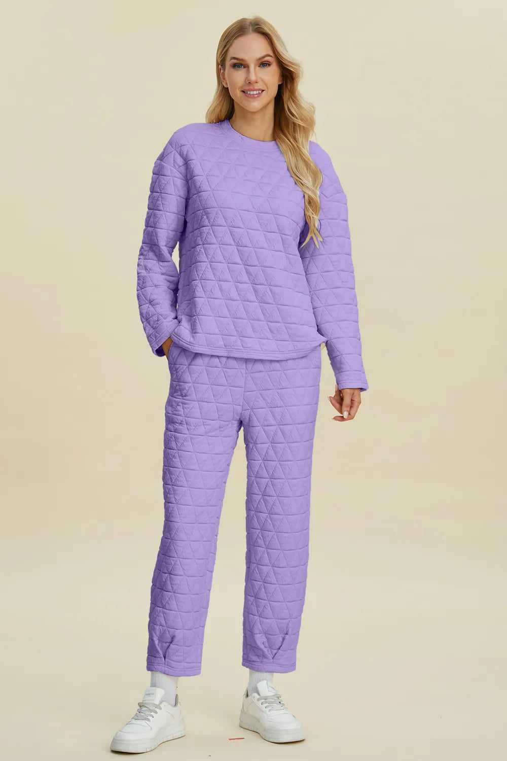 Beige Trendsi double take full-size texture round neck long sleeve top and matching pants set, shown on a model.