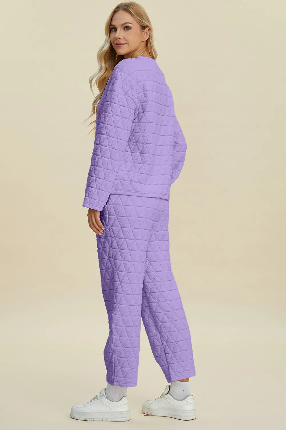 Beige textured pants from Trendsi's Double Take full size set featuring a matching round neck long sleeve top.